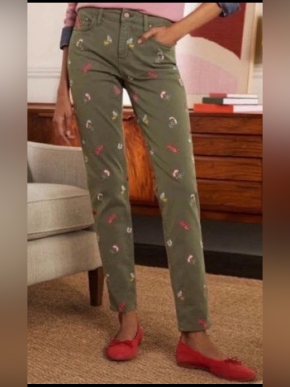 Boden Denim Embroidered Floral Girlfriend Jeans Army Green Size 16/18R